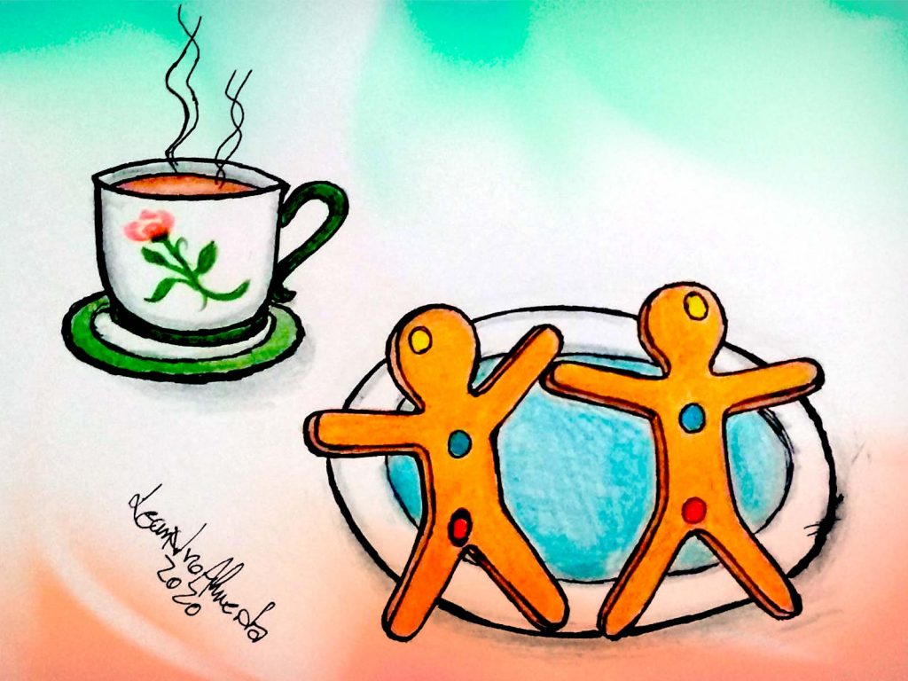 Ilustração com uma xícara de chá e dois biscoito em formato de pessoas com bolinhas amarela na cabeça, azul no coração e rosa na parte íntima, brincando com gênero. #pracegover