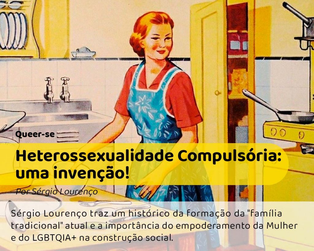 Ilustração: Um retrato da heterossexualidade compulsória: uma dona de casa preparando a mesa de jantar em uma ilustração vintage dos anos 1960 #pracegover