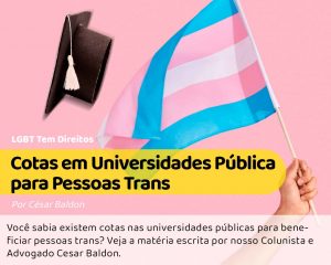#pracegover: uma bandeira trans com um chapéu de formando para avisar que pessoas trans tem direito a cotas
